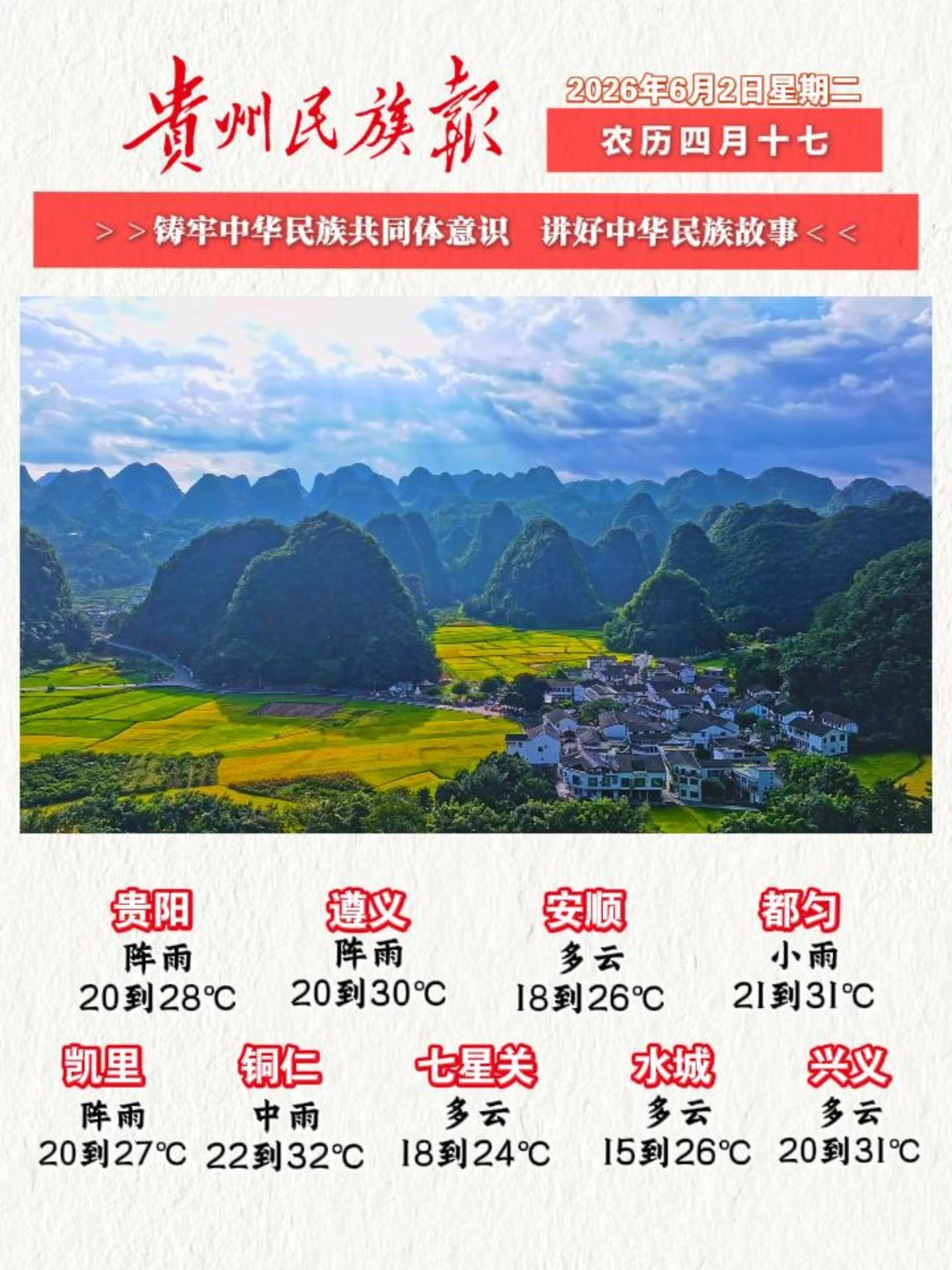 贵州民族报  早报早知道 |早上好，今天是6月2日，欢迎收看贵州民族报新闻速读～#贵州新闻#贵州天气贵州民族报  早报早知道 |早上好，今天是6月2日，欢迎收看贵州民族报新闻速读～#贵州新闻#贵州天气